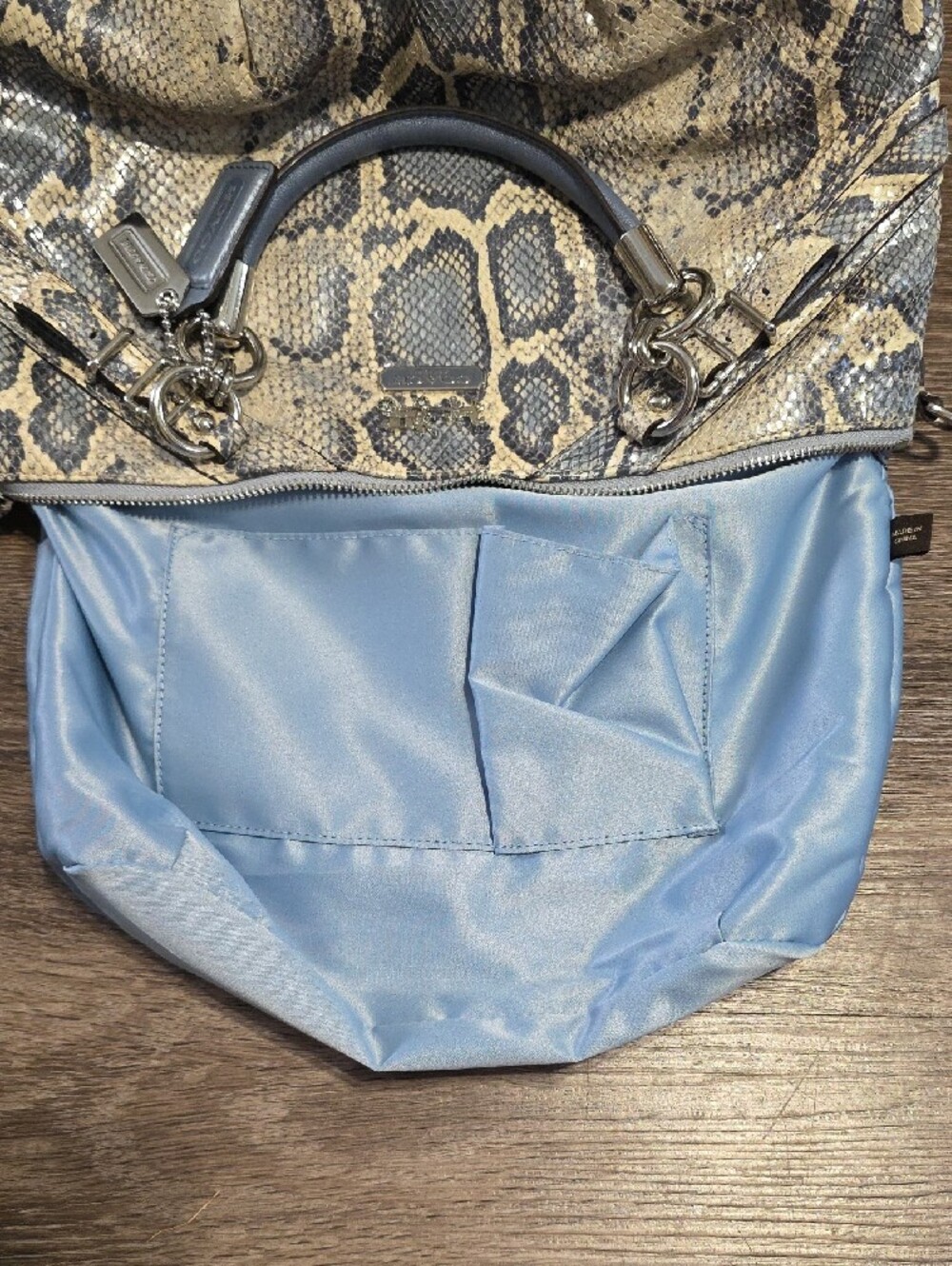 Coach Blue and Cream Snake-Print Leather Satchel with Silver Hardware - Picture 4 of 11